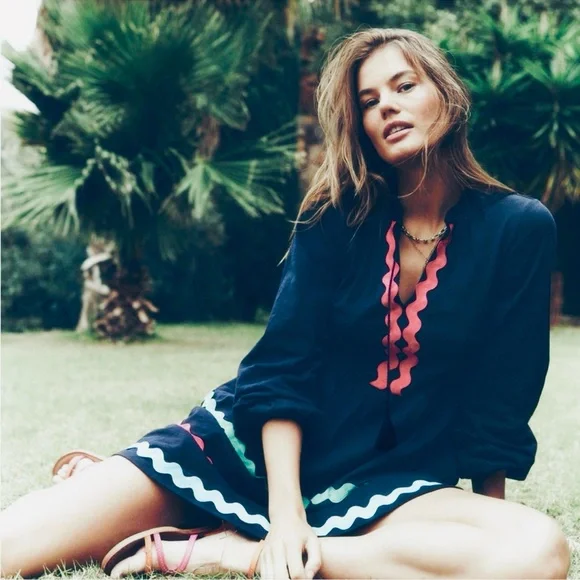 Boden Navy Corinna Colorful Ric Rac Trim Tassel Tie Cotton Dress 10 - Picture 2 of 9